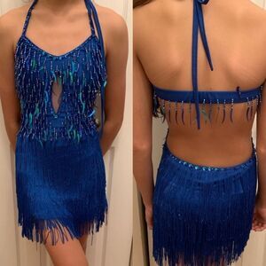 Rare Glamour competition solo dance costume blue fringe ballroom jazz XLA adult